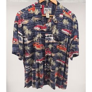 Vintage Big Dogs Hawaiian Shirt Mens Large Car Palm Tree Print Short Sleeve 0647